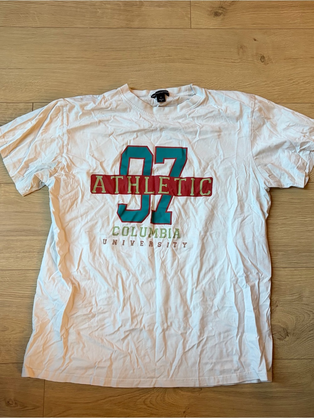 PrettyLittleThing White 'Athletic 97' Graphic Tee with Red and Teal Accents